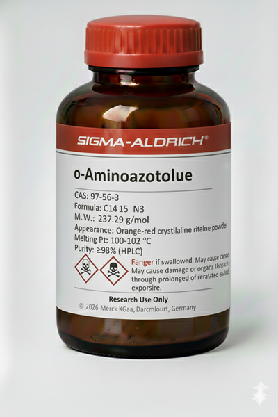 Make bottle image Brand Sigma Aldrich Chemical name o-Aminoazotolue also add specification on label. reference image attached